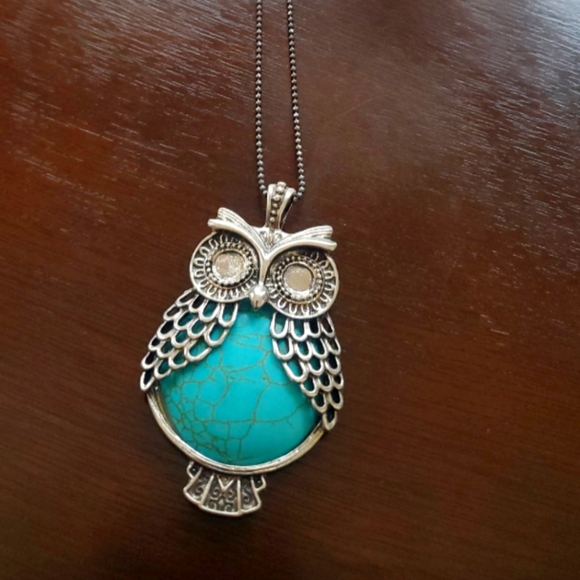 Silver owl necklace with turquoise body - Picture 1 of 3